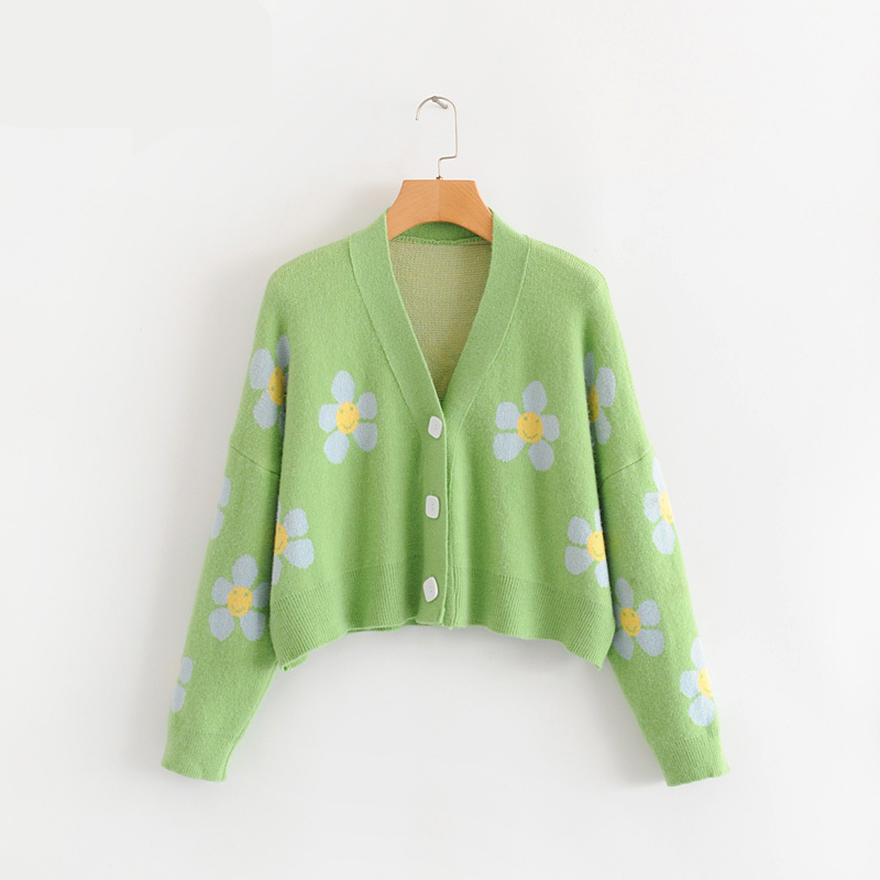 Cute Light Green Floral Sweater - PokeKawa