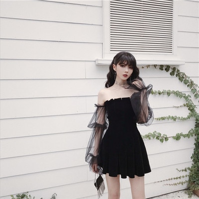 Gothic Sexy Off Shoulder Puff Sleeve Mini Dress