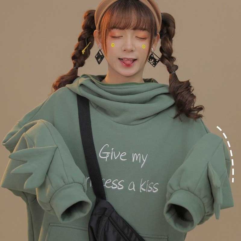 GIVE MY PRINCESS A KISS Letter Embroidery Frog Zipper Pocket Oversized Hoodie