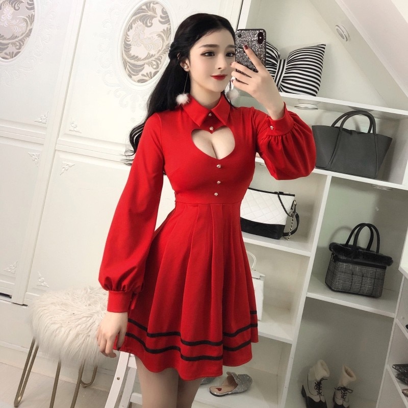 Sweet Sexy Love Heart Hollow Out Short Sleeve Polo Dress