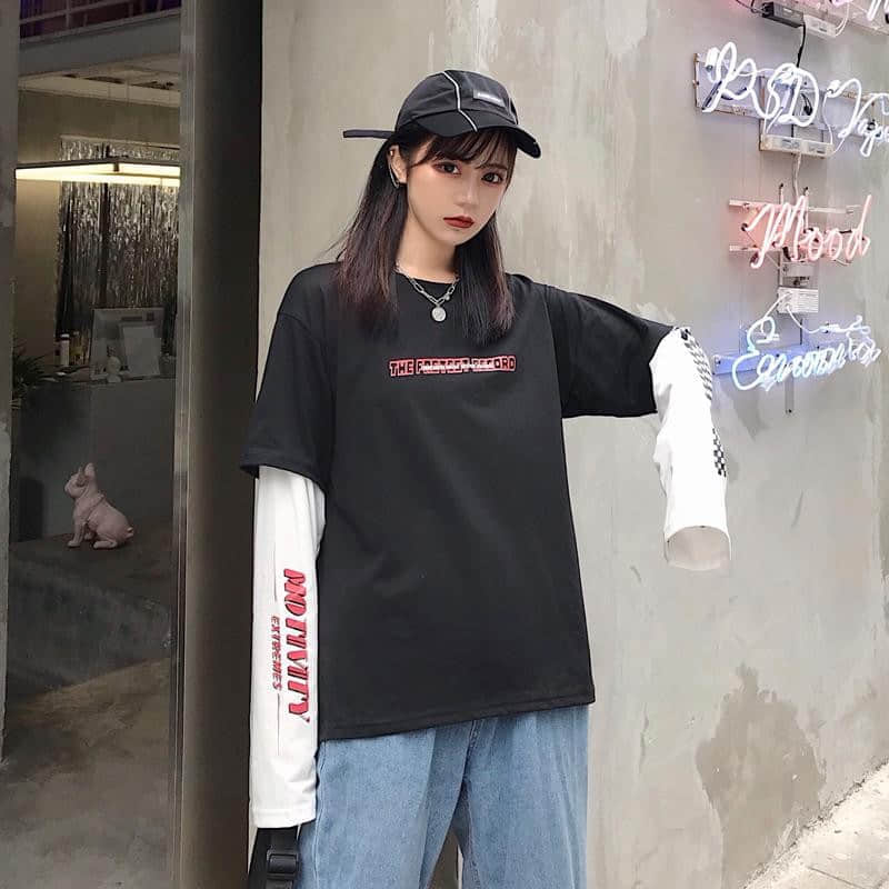 NiceMix Harajuku pumpkin Print letter T shirt Fake 2 Pieces Patchwork Casual Long Sleeve T-shirt Women And Men Streetwear Tops
