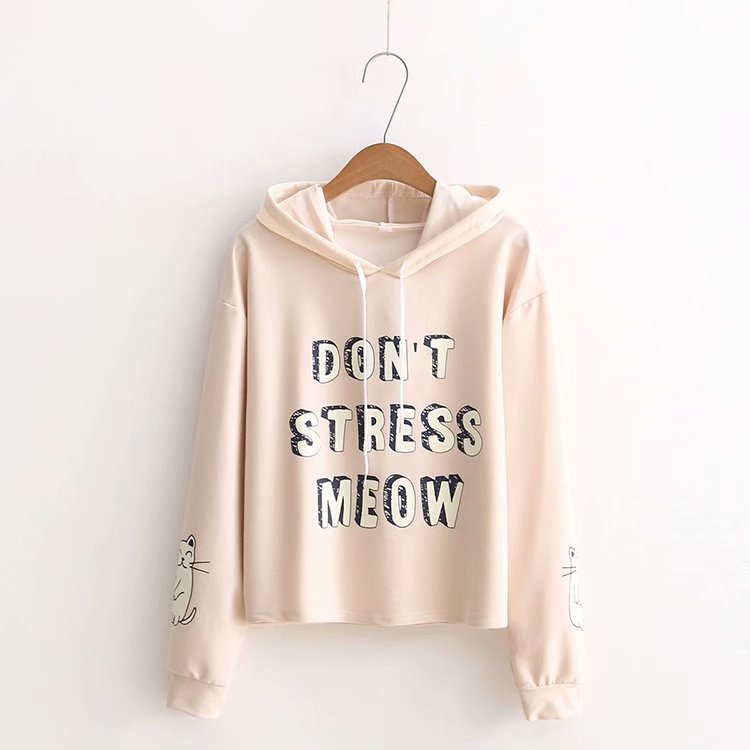 DON'T STRESS MEOW Letter Kitty Print Hoodie