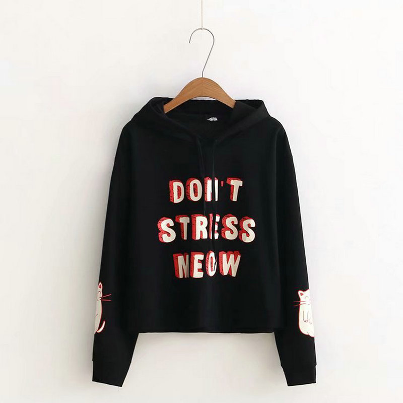 DON'T STRESS MEOW Letter Kitty Print Hoodie