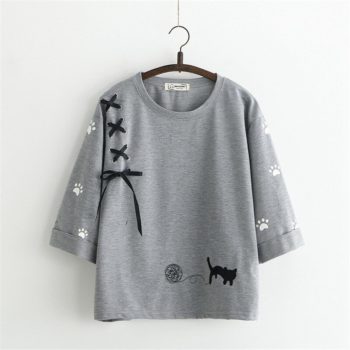 Mori Girl Cute Embroidery Cat Bandage Cross Bow T-shirts