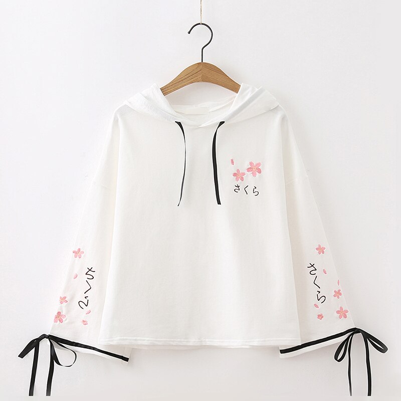 Sakura Embroidery Lace-up Sleeves Hoodie