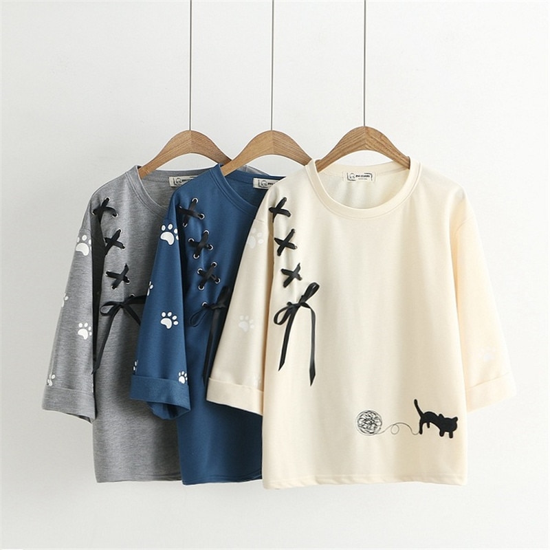 Mori Girl Cute Embroidery Cat Bandage Cross Bow T-shirts