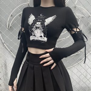 Angel Wings Print Lace Up Crop Top Sweatshirt