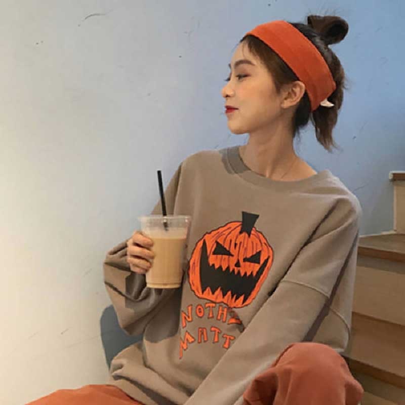 Stylish Long Sleeve Halloween Pumpkin Baggy Sweatshirt