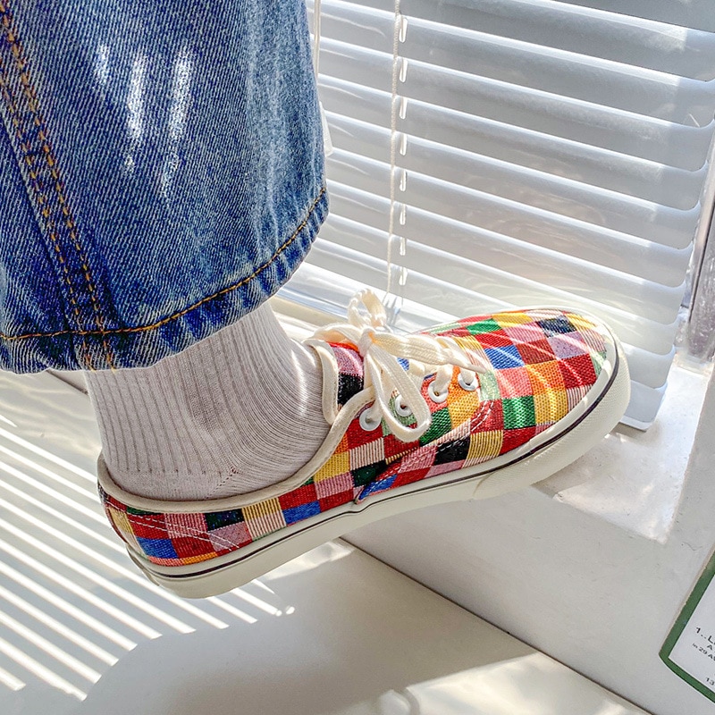 Candy Color Plaid Pearl Bow Canvas Shoes