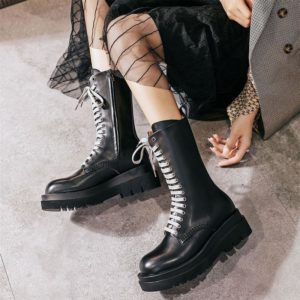 Light Gray Shoelaces Vintage Boots Knee High Lace Up Martin Shoes