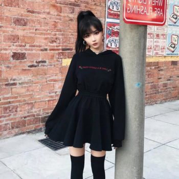 Rose Letter Embroidery Hooded Long Sleeve Dress