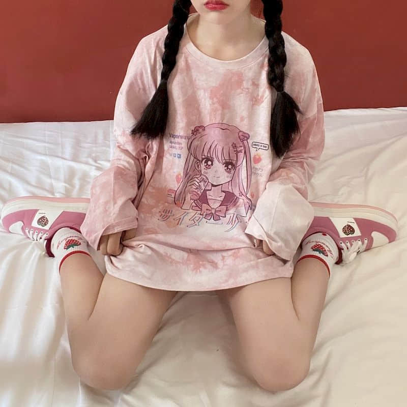 Japanese long-sleeved pink girl printing t-shirt