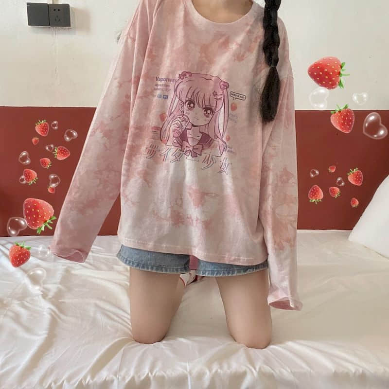 Japanese long-sleeved pink girl printing t-shirt