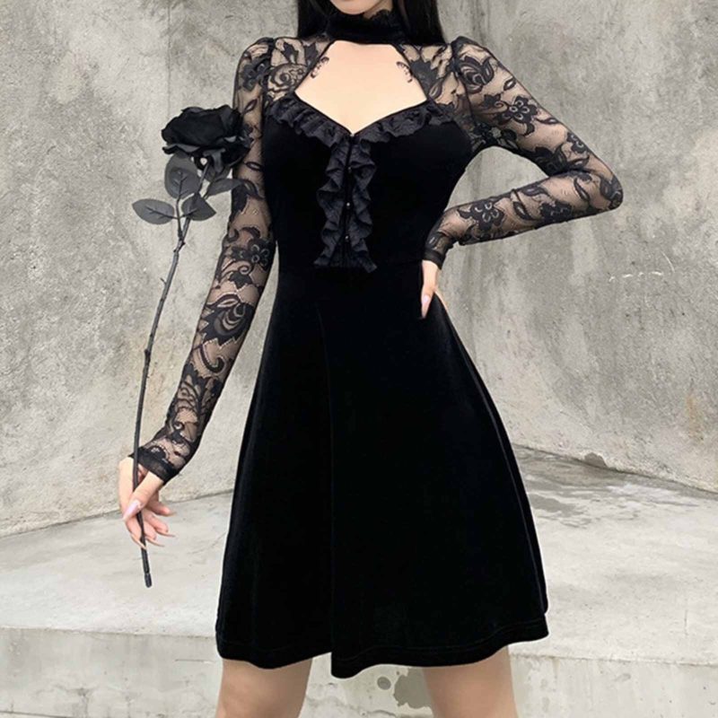 Black Rose Velvet Lace Dress