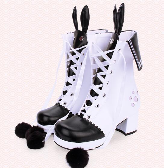 Bunny Ears Lace-up Fuzzy Ball Collar High Heel Lolita Boots