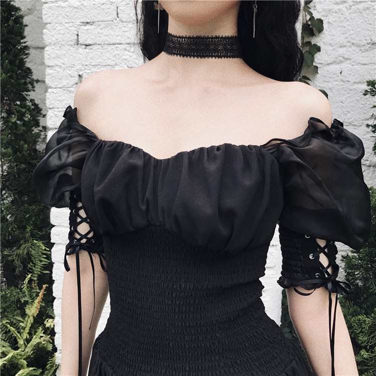 Wobble Sleeve Black Mini Dress