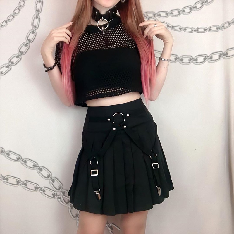 Gothic Black Pleated Mini Skirt