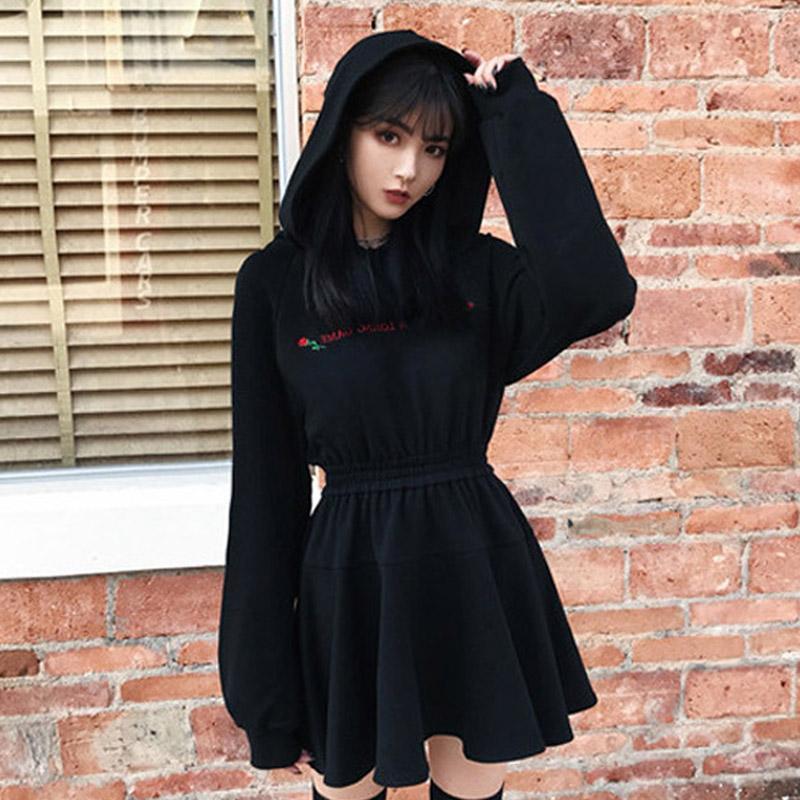 Rose Letter Embroidery Hooded Long Sleeve Dress
