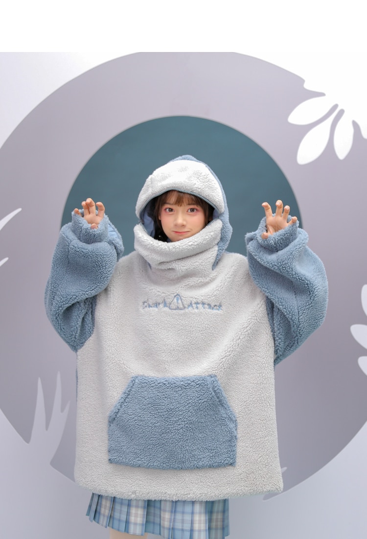 Baby Shark Embroidery Zipper Letter Plush Hoodie