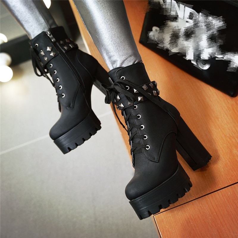 Sexy Rivet Women's Ankle Boots Fashion Punk High Heels Platform Motorcycle Boots Ladies Lace-up Brown Grey Autumn Winter Boots