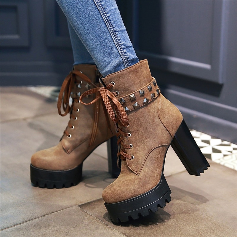 Sexy Rivet Women's Ankle Boots Fashion Punk High Heels Platform Motorcycle Boots Ladies Lace-up Brown Grey Autumn Winter Boots