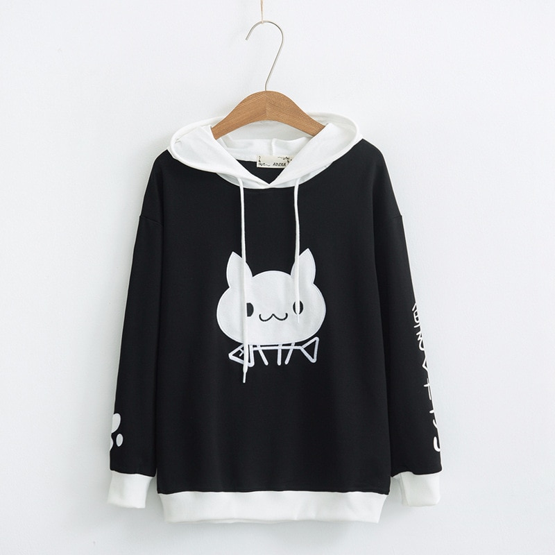 Black and White Pullover Japanese Kawaii Cat Print