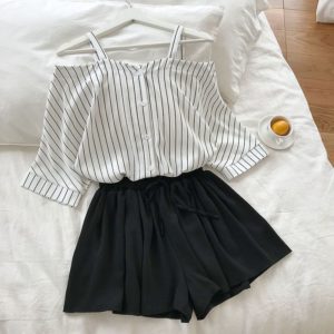 Striped Off Shoulder Loose Blouse Top + Elastic Waist Shorts