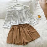Striped Off Shoulder Loose Blouse Top + Elastic Waist Shorts