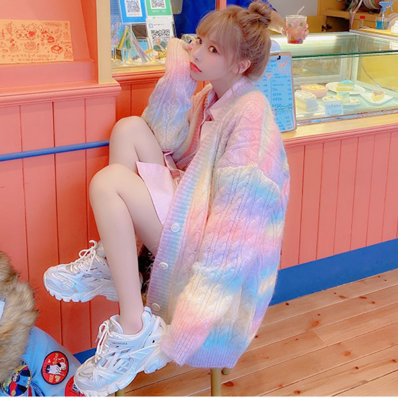 Rainbow Knitted Cardigan Women Kawaii Sweater Coat