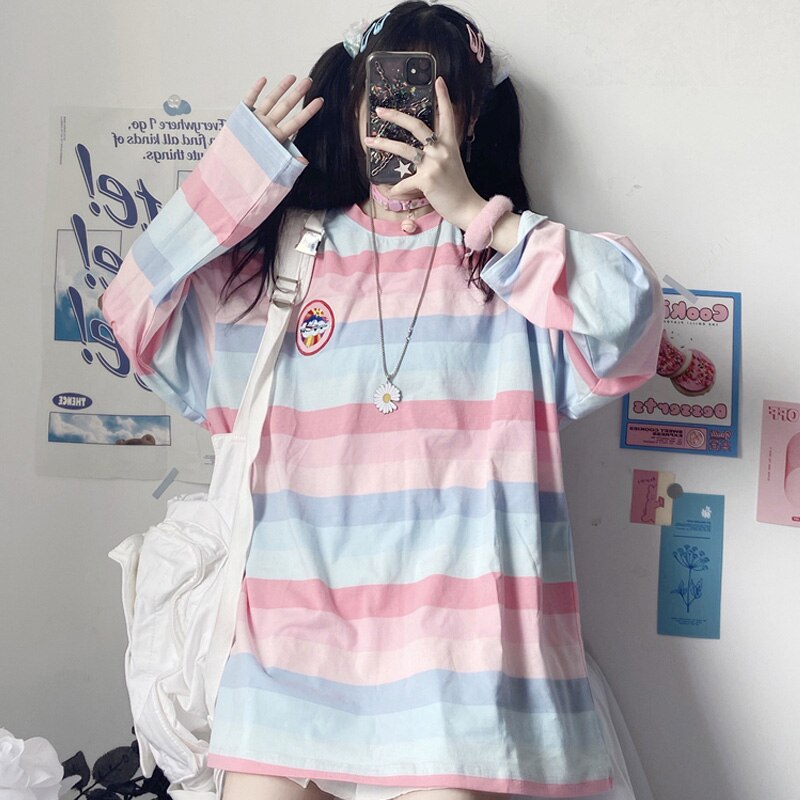Harajuku Long Sleeve Embroidery Stripe T-Shirt