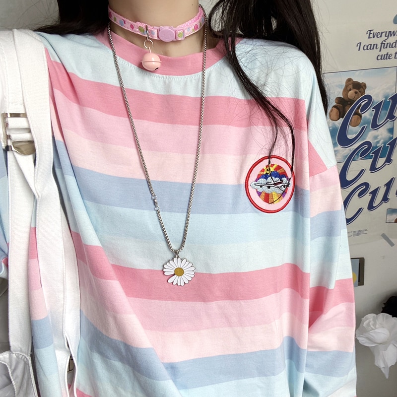 Harajuku Long Sleeve Embroidery Stripe T-Shirt