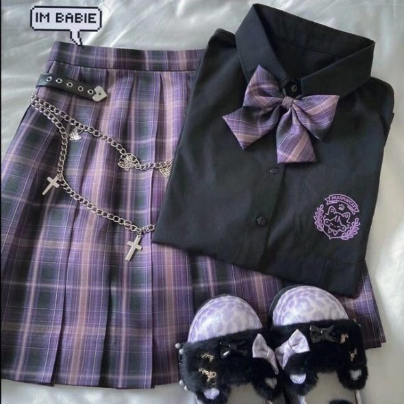 Japanese Harajuku Three piece set Plaid Mini Women Skirt - PokeKawa